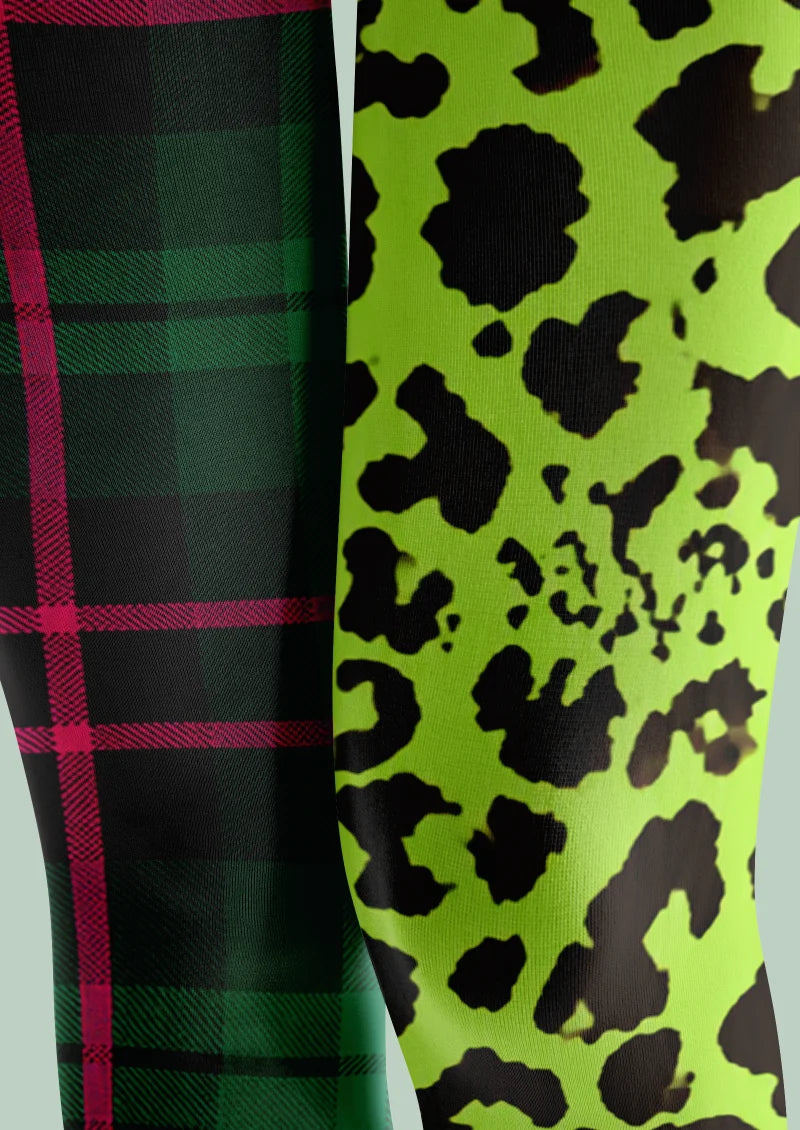 Green Plaid Leopard Footless Tights