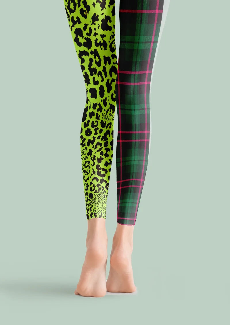 Green Plaid Leopard Footless Tights