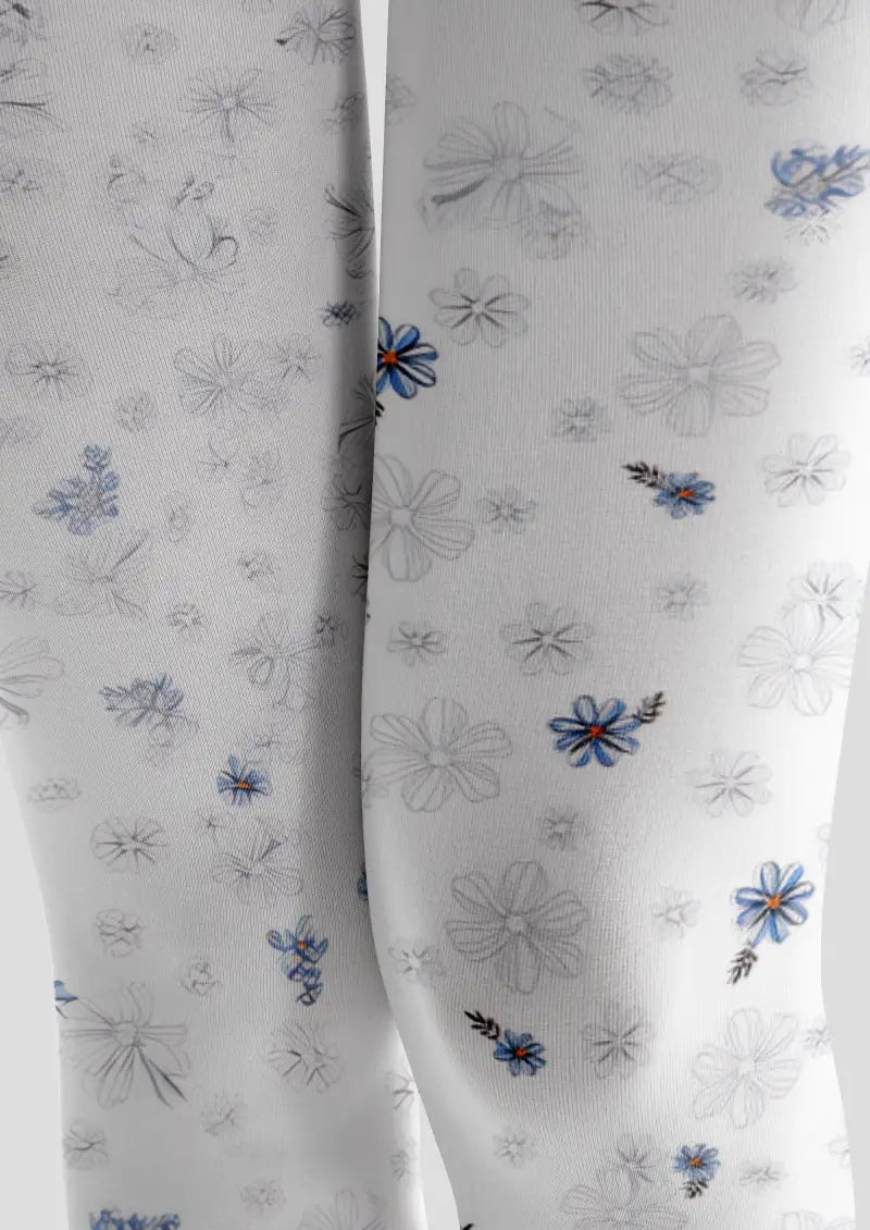 Blue Floral Border Footless Tights Hosiery Leggings