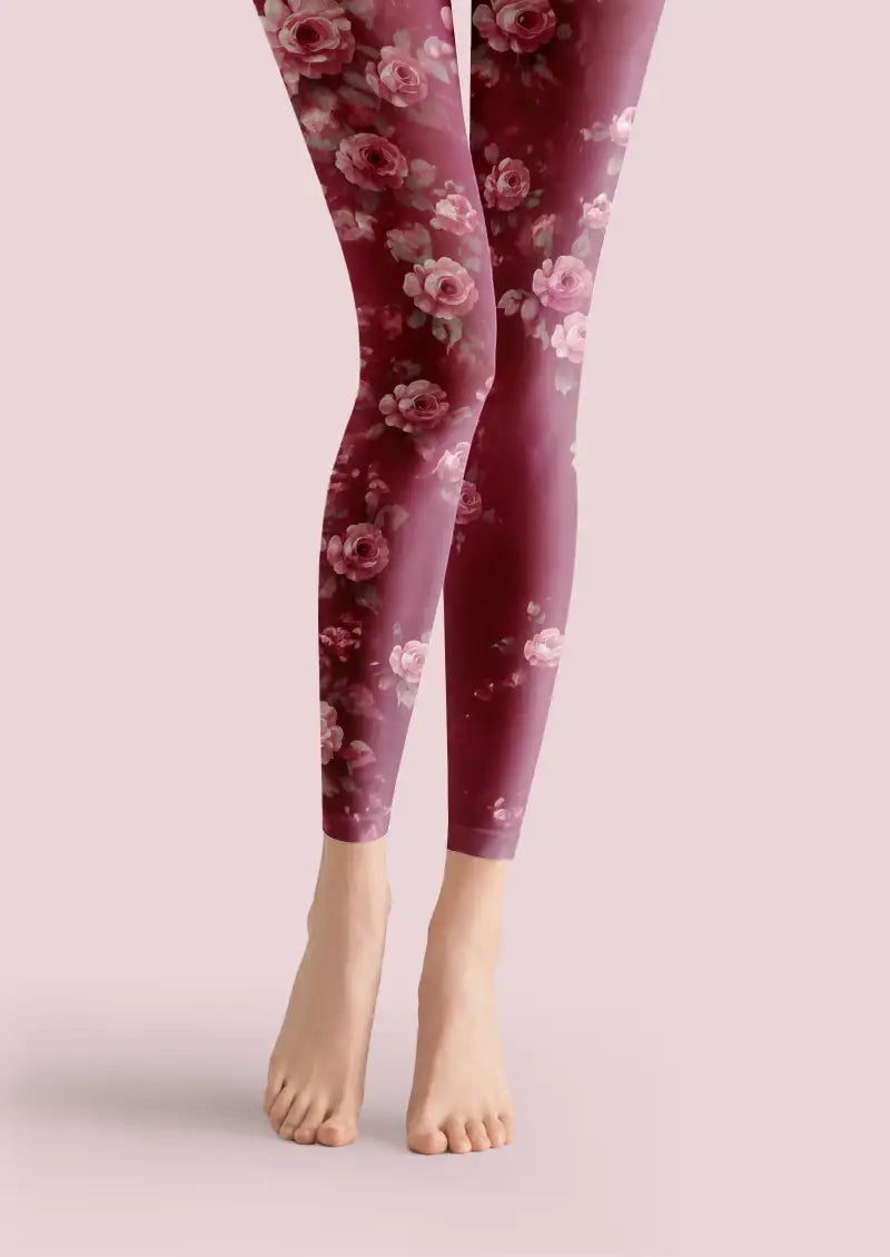 Burgundy footless tights with pink rose floral printed pattern
