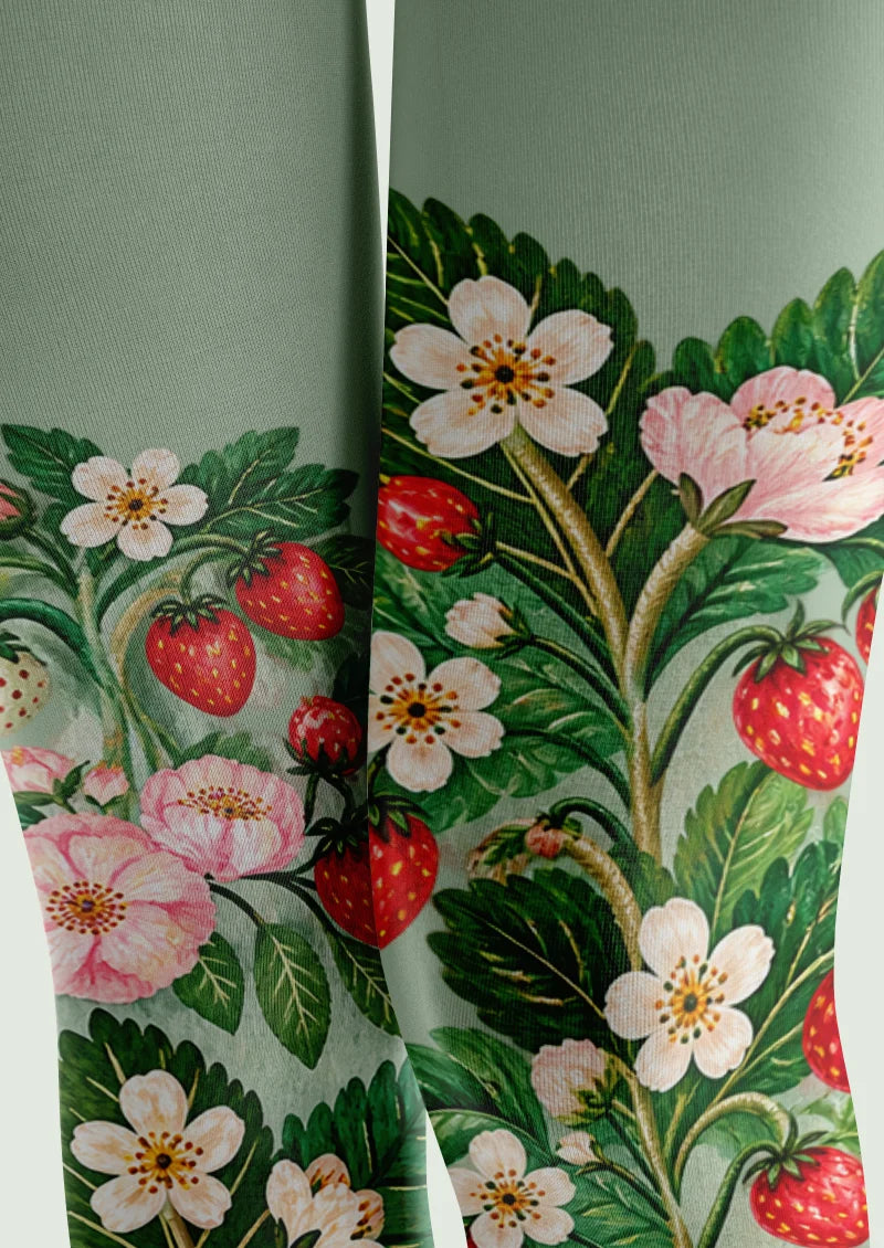 Green Strawberry Floral Footless Tights