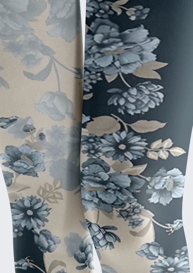 Blue Botanical Floral Footless Tights Hosiery Leggings