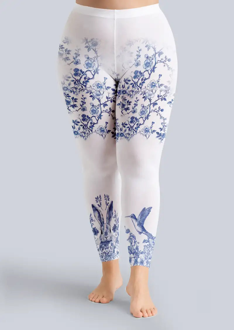 Blue Porcelain Floral Rabbit Pattern Footless Tights Hosiery Leggings