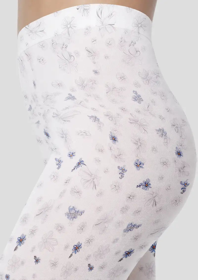 Blue Floral Border Footless Tights Hosiery Leggings