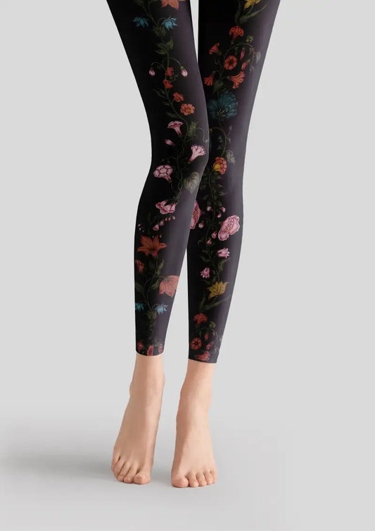 Dark Floral Vine Footless Tights Hosiery Leggings