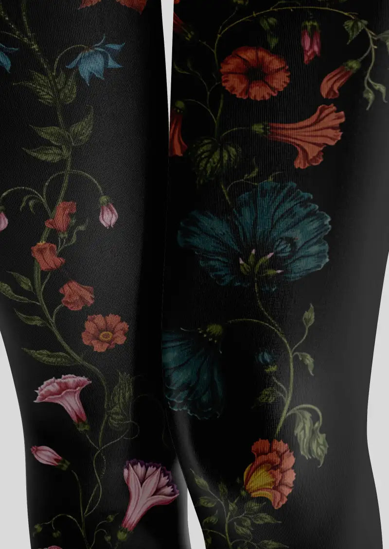 Dark Floral Vine Footless Tights Hosiery Leggings