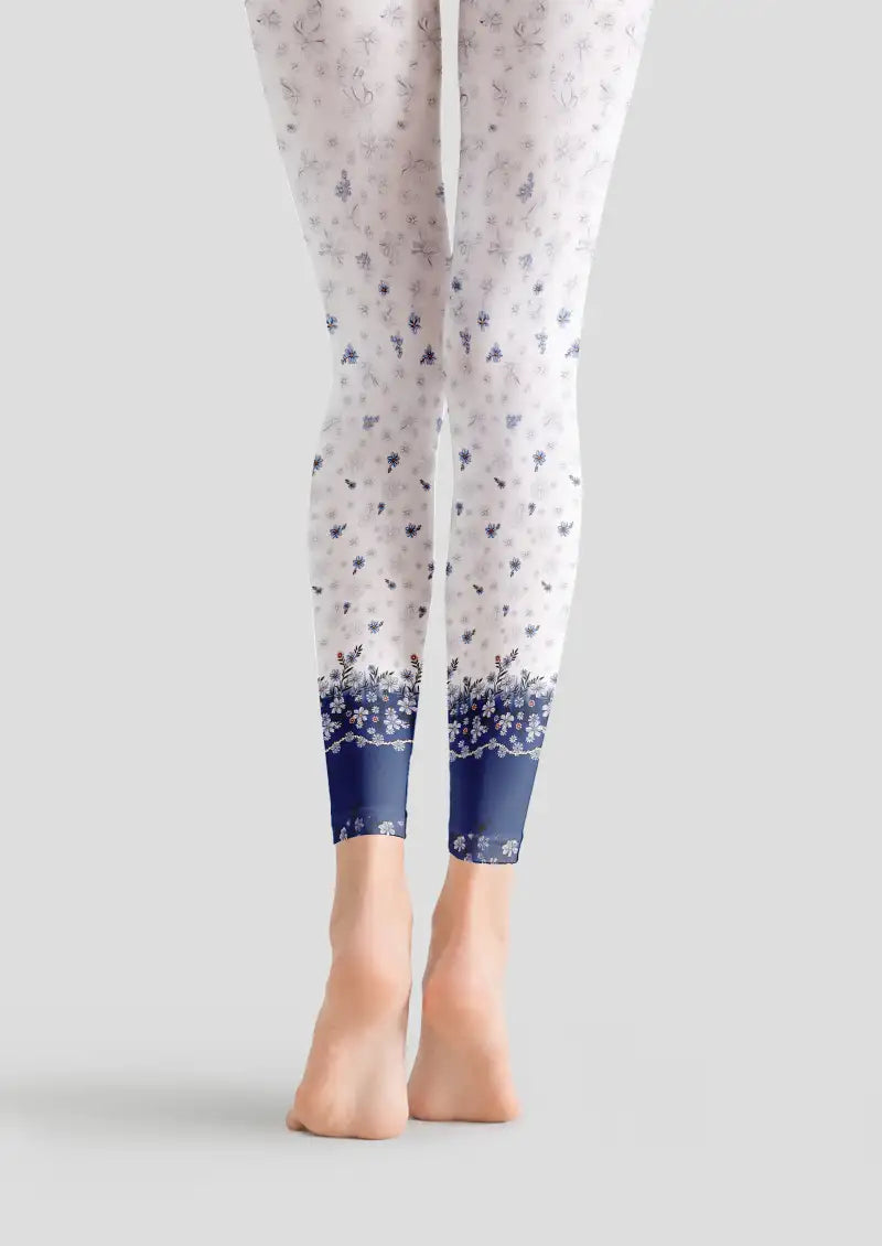 Blue Floral Border Footless Tights Hosiery Leggings