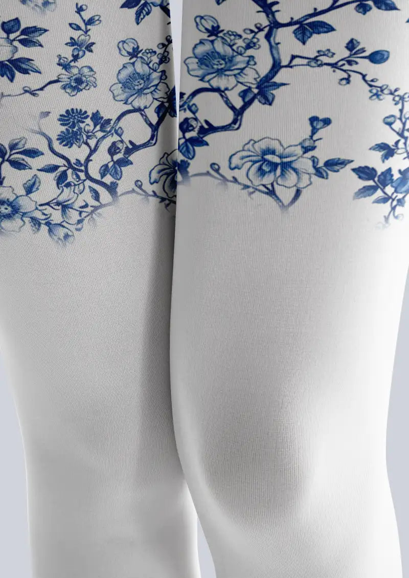 Blue Porcelain Floral Rabbit Pattern Footless Tights Hosiery Leggings