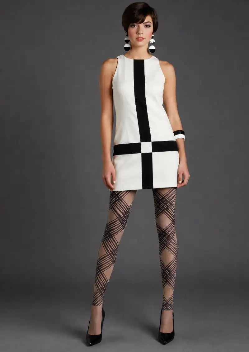 Black Plaid Line Footless Tights Hosiery Leggings
