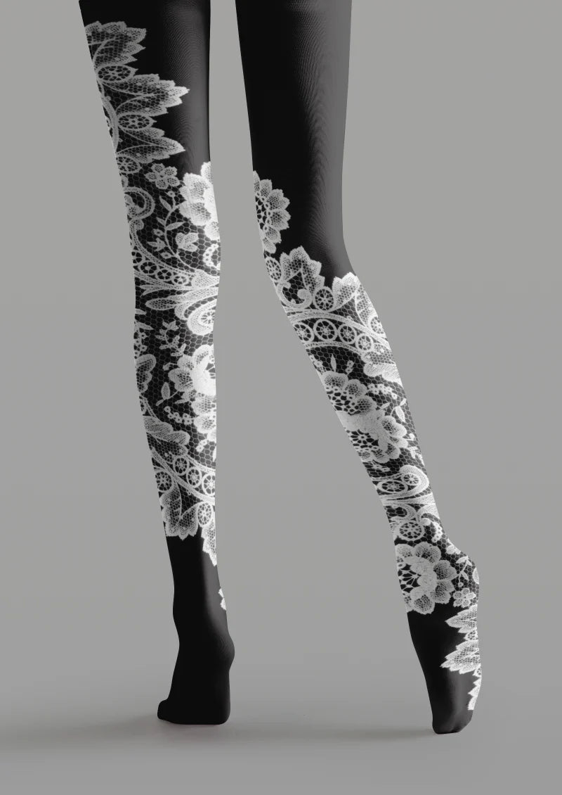 Black White Mismatched Floral Tights