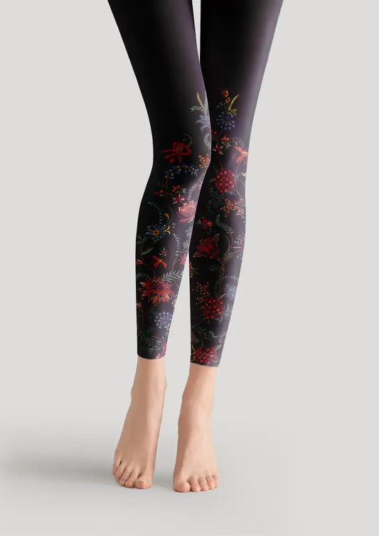 Midnight Wildflower Floral Footless Tights Hosiery Leggings