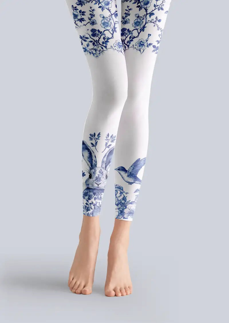 Blue Porcelain Floral Rabbit Pattern Footless Tights Hosiery Leggings