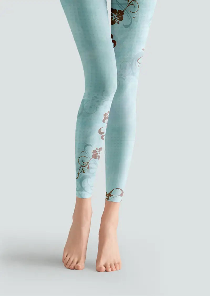 Aqua Floral Vine Pattern Footless Tights Hosiery Leggings