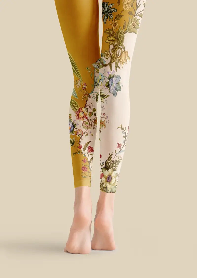 Golden Botanical Floral Footless Tights Hosiery Leggings
