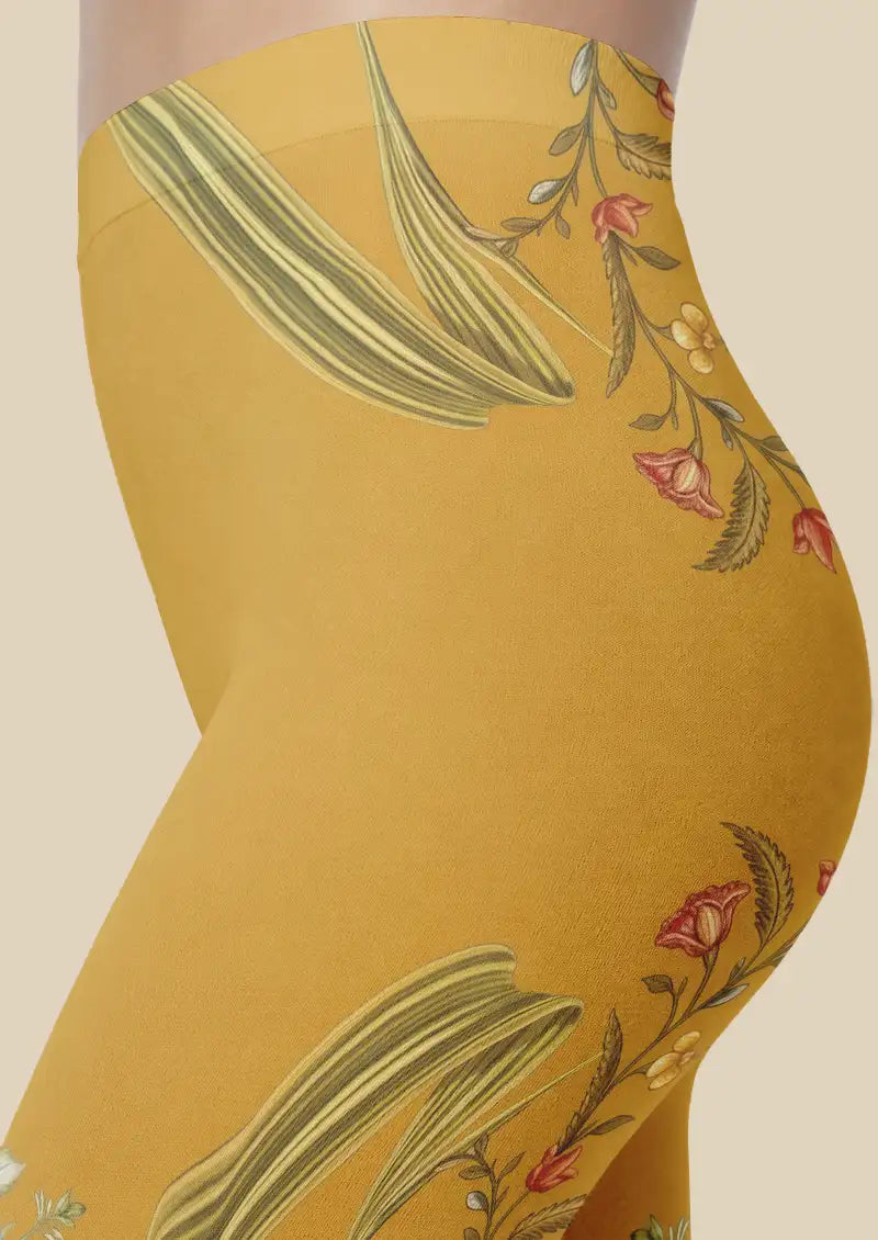 Golden Botanical Floral Footless Tights Hosiery Leggings