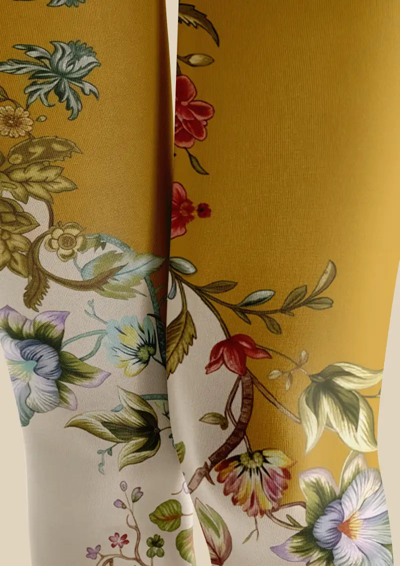 Golden Botanical Floral Footless Tights Hosiery Leggings