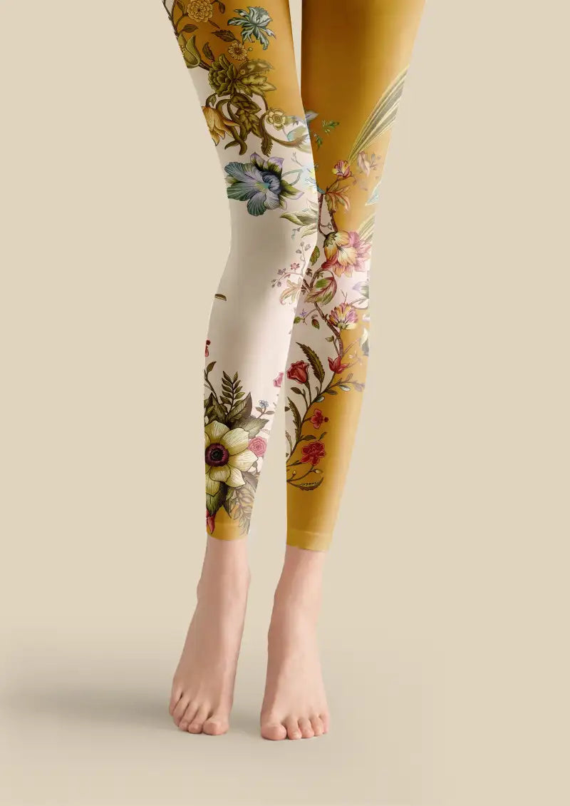 Golden Botanical Floral Footless Tights Hosiery Leggings