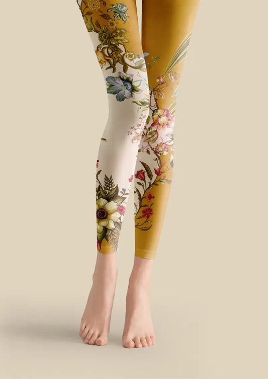 Golden Botanical Floral Footless Tights Hosiery Leggings