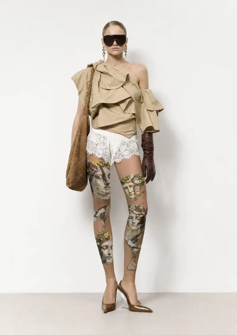 Vintage Floral Statue Collage Footless Tights Hosiery Leggings
