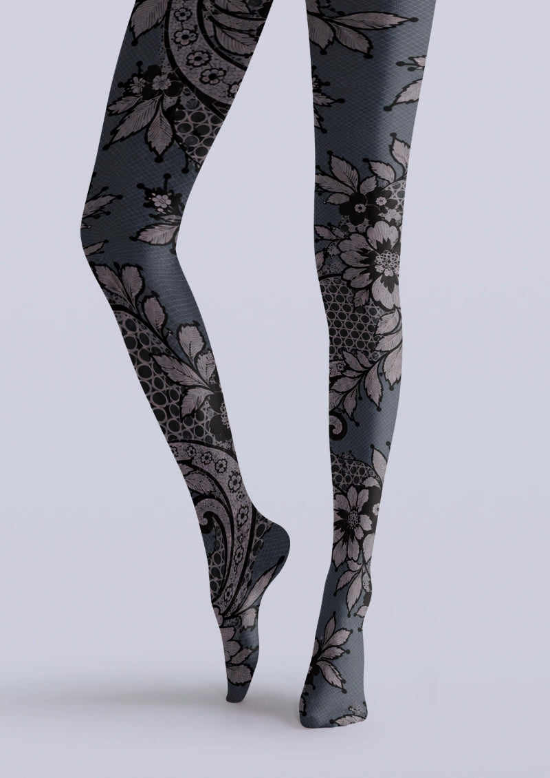 Gray Floral Scroll Tights