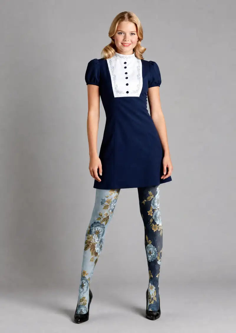 Blue Vintage Floral Print Tights Hosiery Pantyhose
