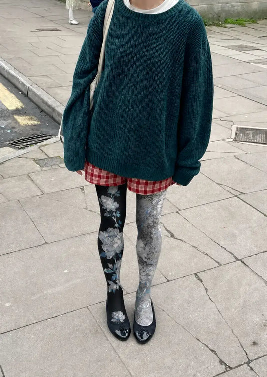 Black Blue Floral Tights