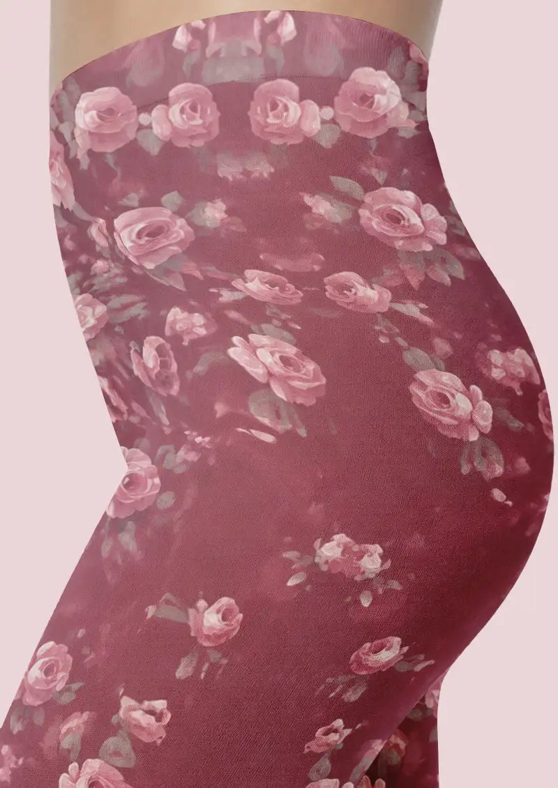 Burgundy Rose Floral Footless Tights