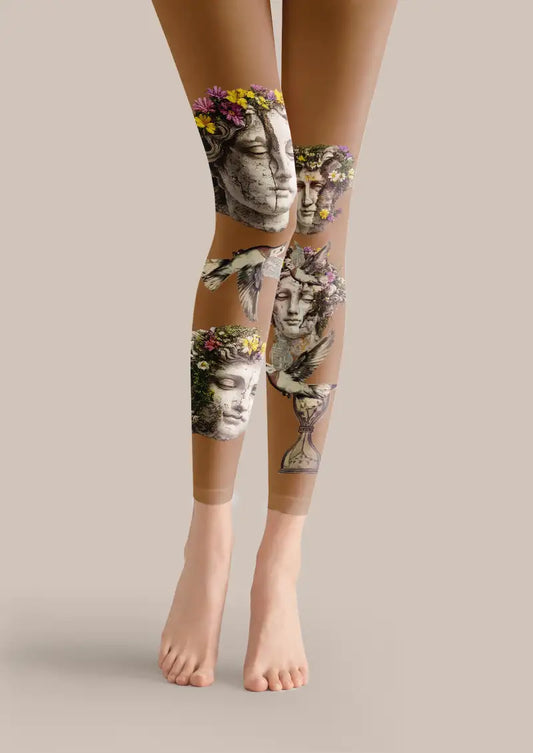 Vintage Floral Statue Collage Footless Tights Hosiery Leggings
