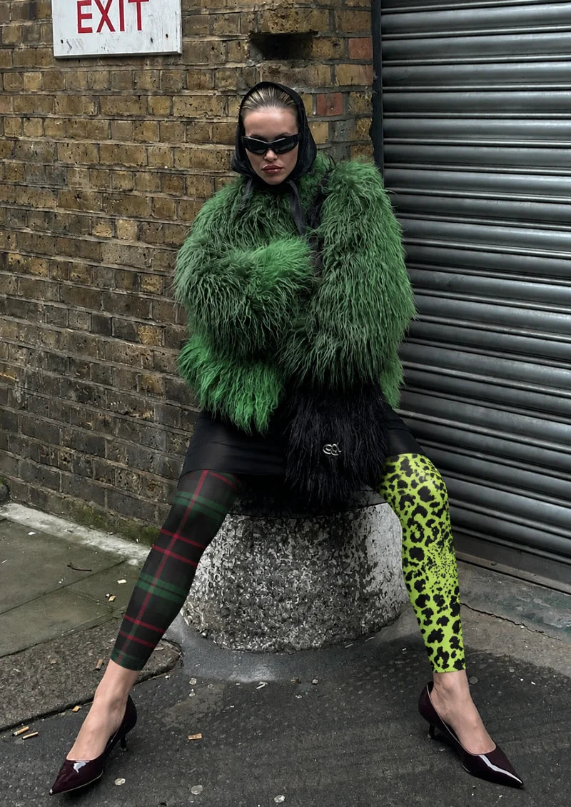 Green Plaid Leopard Footless Tights