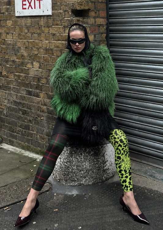 Green Plaid Leopard Footless Tights