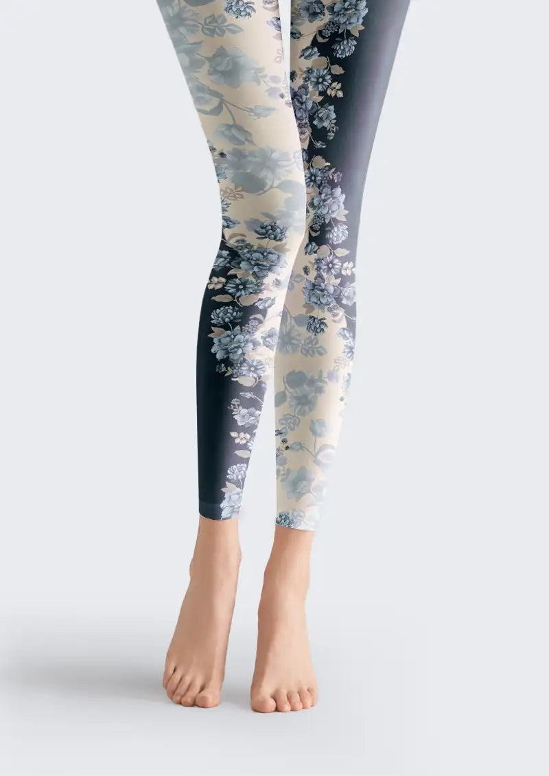 Front lower-leg view of Blue Botanical Floral Footless Tights