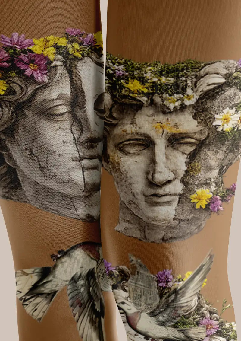 Vintage Floral Statue Collage Footless Tights Hosiery Leggings