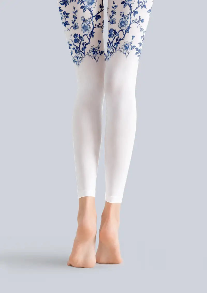 Blue Porcelain Floral Rabbit Pattern Footless Tights Hosiery Leggings