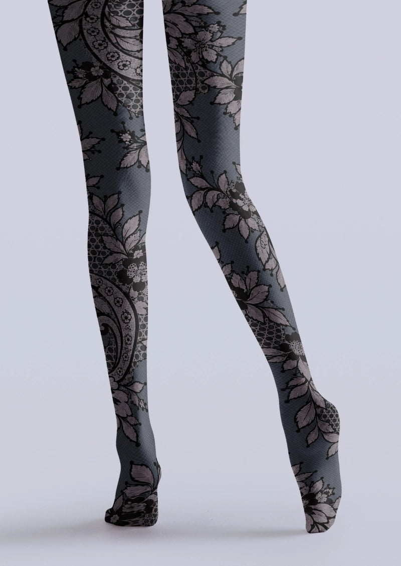 Gray Floral Scroll Tights