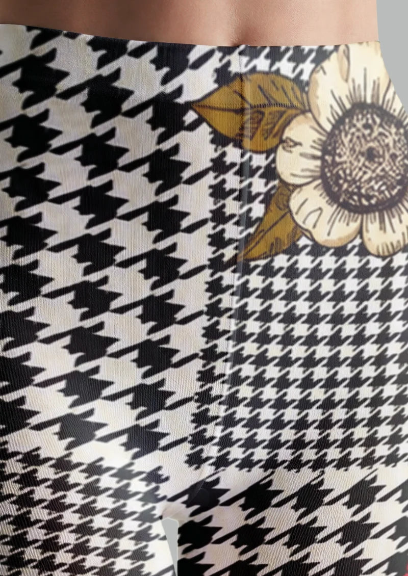 Black White Houndstooth Rose Tights