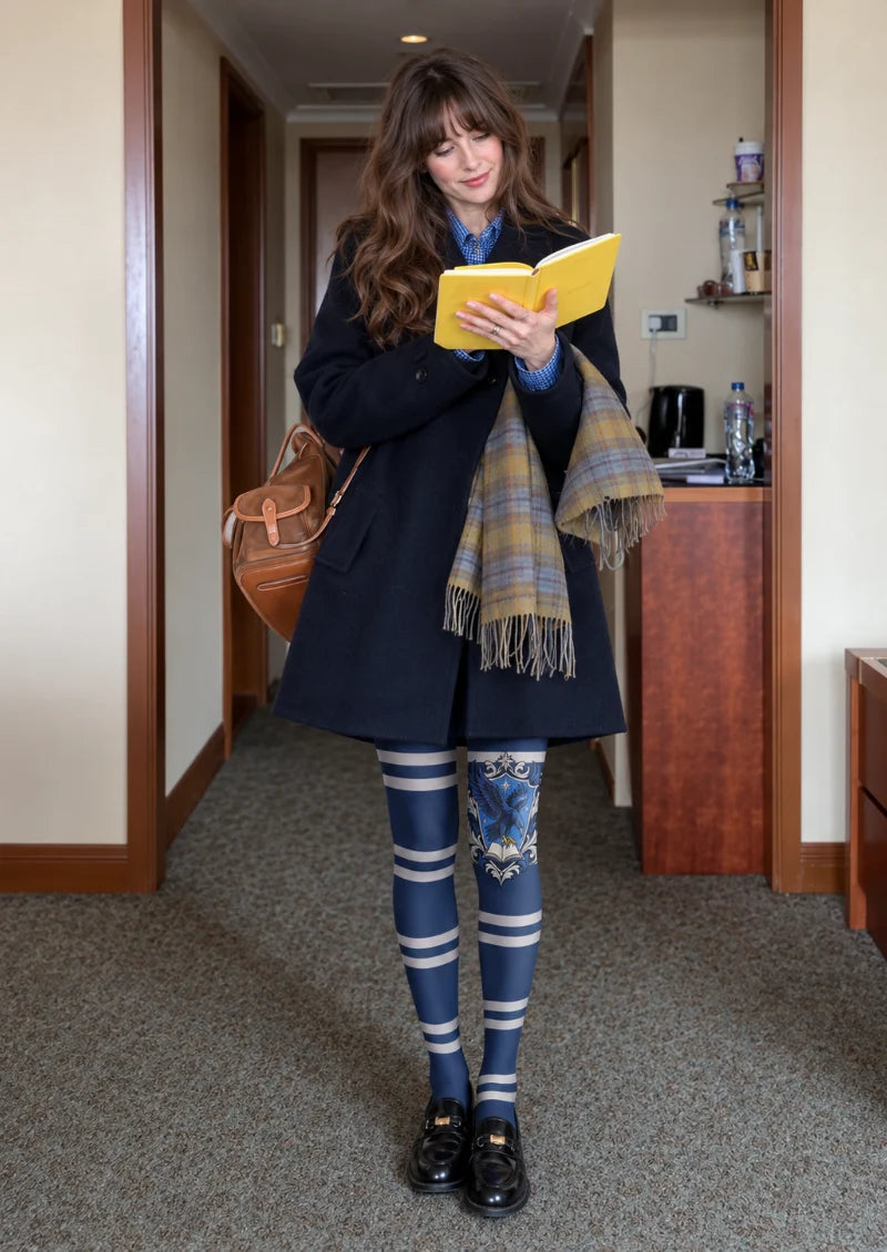 Navy Eagle Crest Stripe Tights
