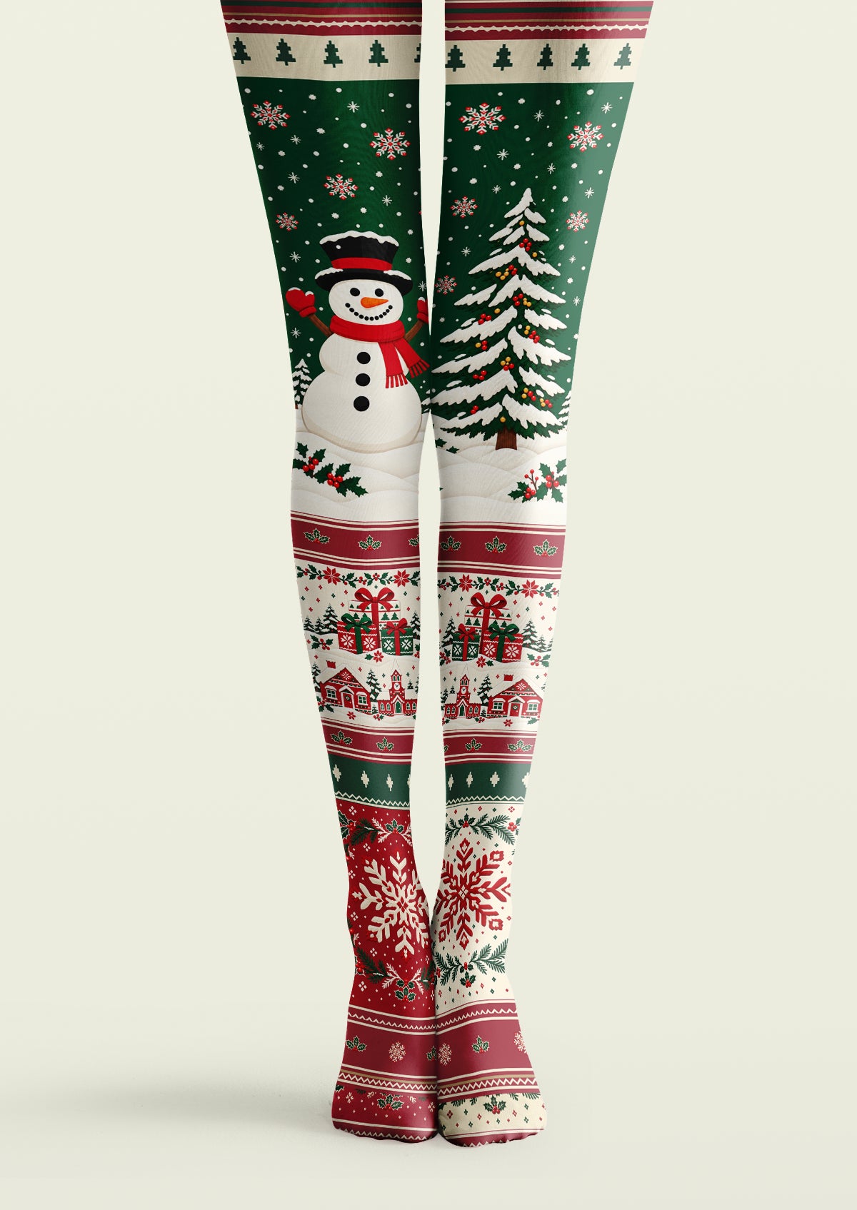 Ivory, green, and red printed tights with a snowman, Christmas tree, snowflakes, gifts, and horizontal bands