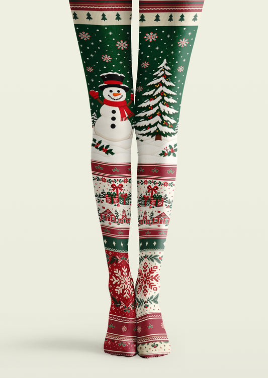 Ivory, green, and red printed tights with a snowman, Christmas tree, snowflakes, gifts, and horizontal bands