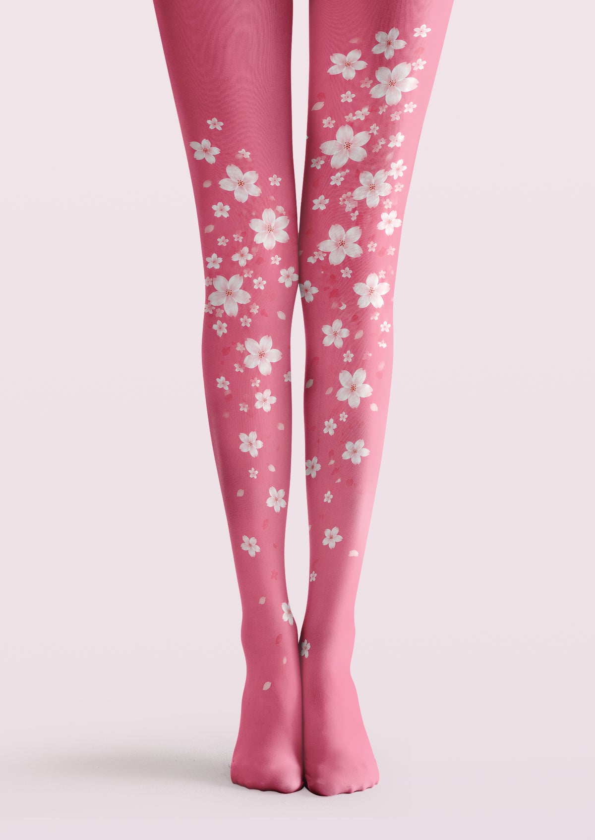 Pink printed tights with white cherry blossom floral pattern details.