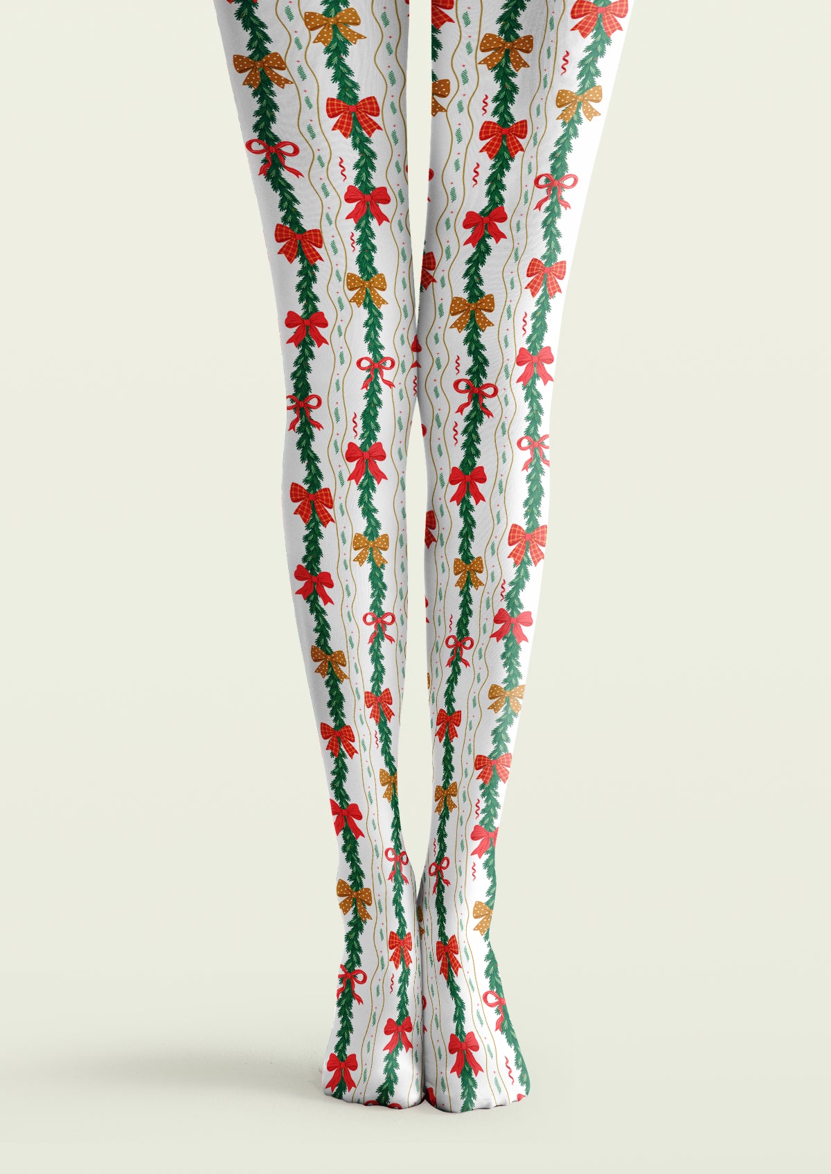 White printed tights with vertical green garlands, red bows, checked and dotted bows, and fine wavy lines