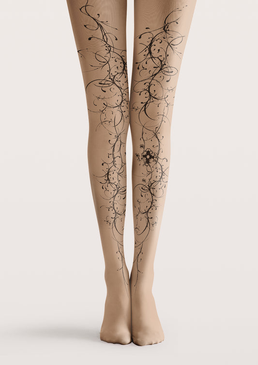 Beige printed tights with black curling vines, fine tendrils, and an ornamental flourish on one calf