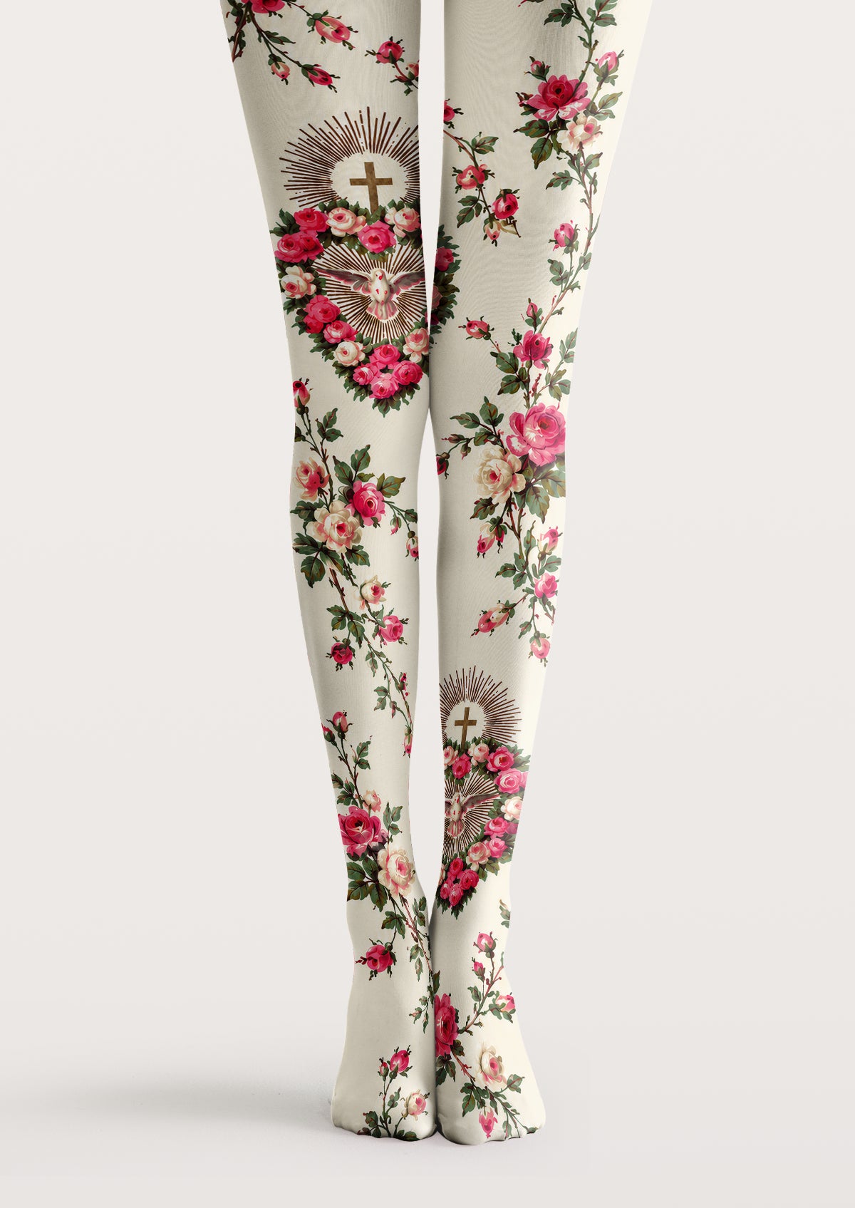 Ivory printed tights with pink roses, green leaves, crosses, and doves framed by floral wreaths