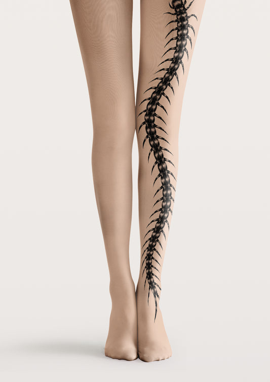Beige printed tights with a long black centipede winding down one leg toward the foot