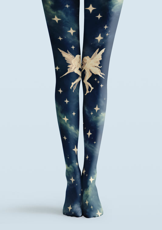 Navy printed tights with two pale winged fairies near the knees, beige stars, and muted green swirls