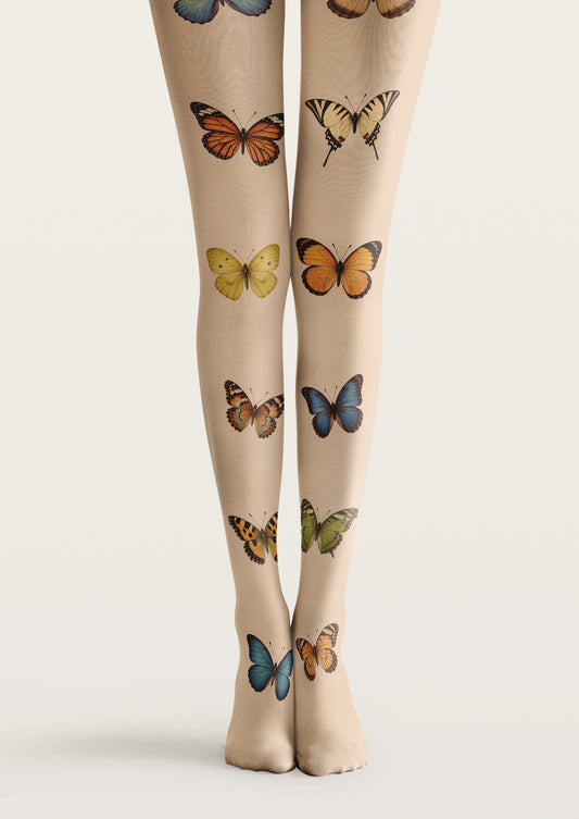 Beige printed tights with orange, blue, yellow, and green butterfly illustrations spaced across both legs.