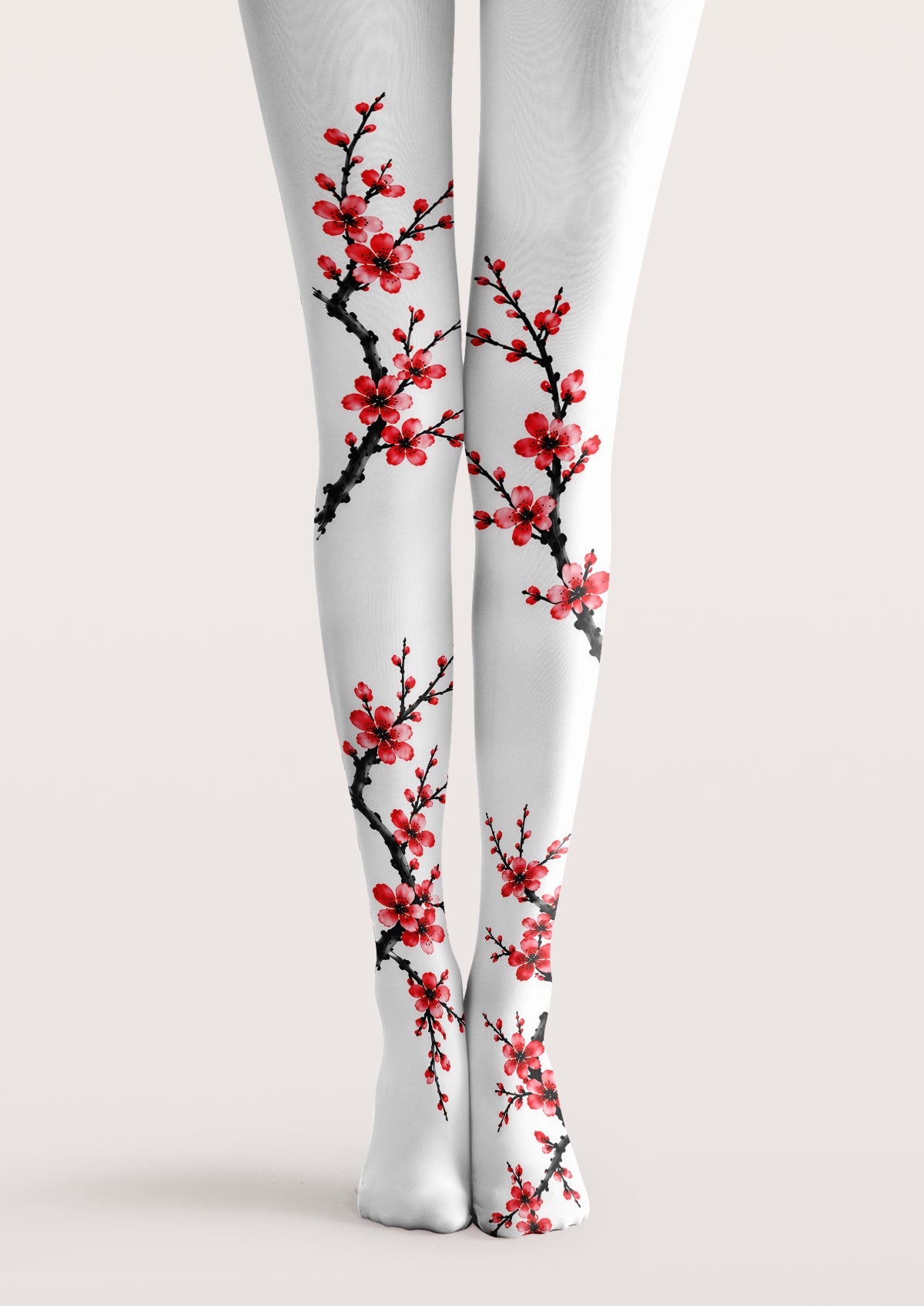 White printed tights with red plum blossoms and black branch floral pattern details.