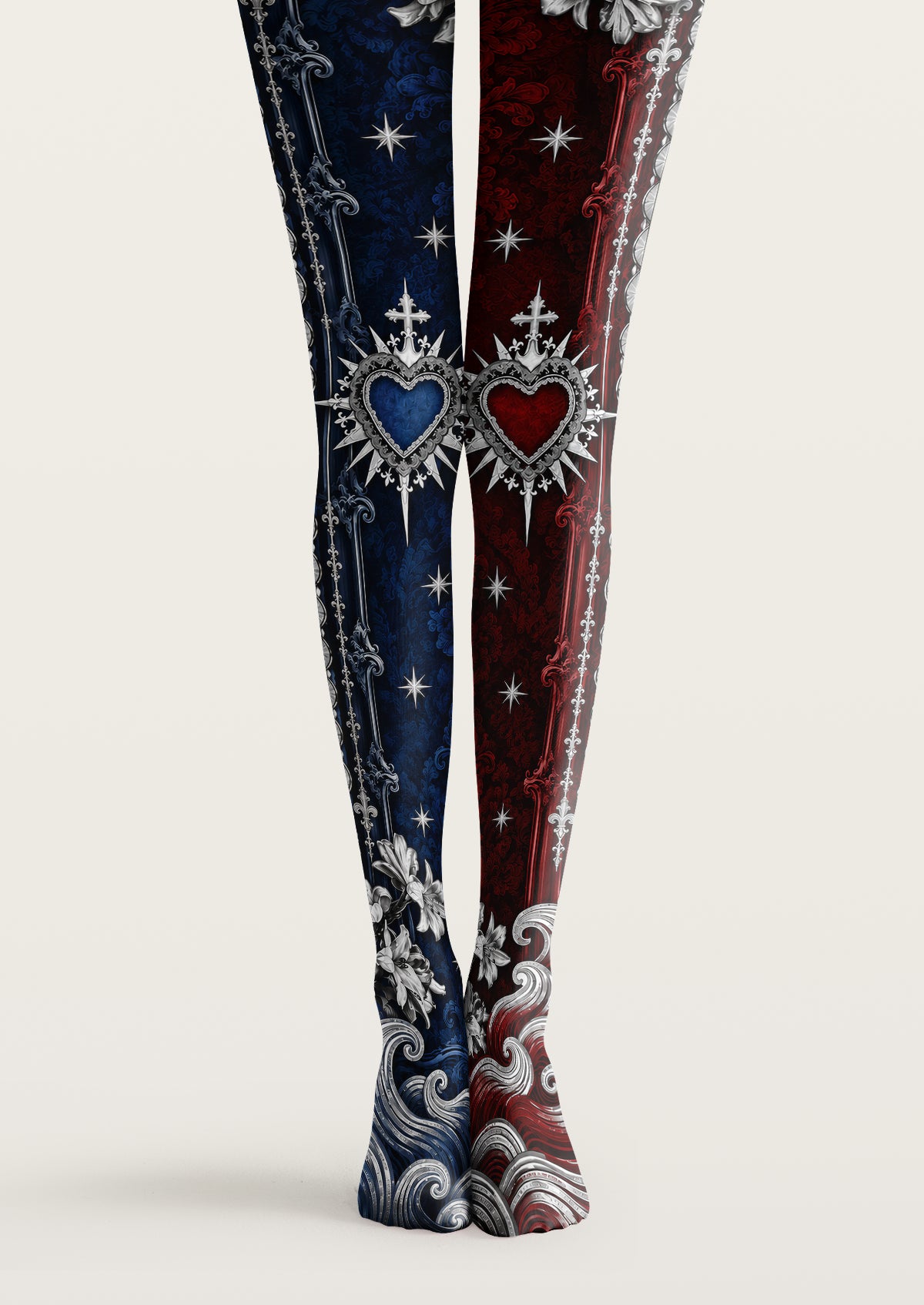 Navy and burgundy printed tights with gray floral scrolls, starbursts, and ornate heart medallions.