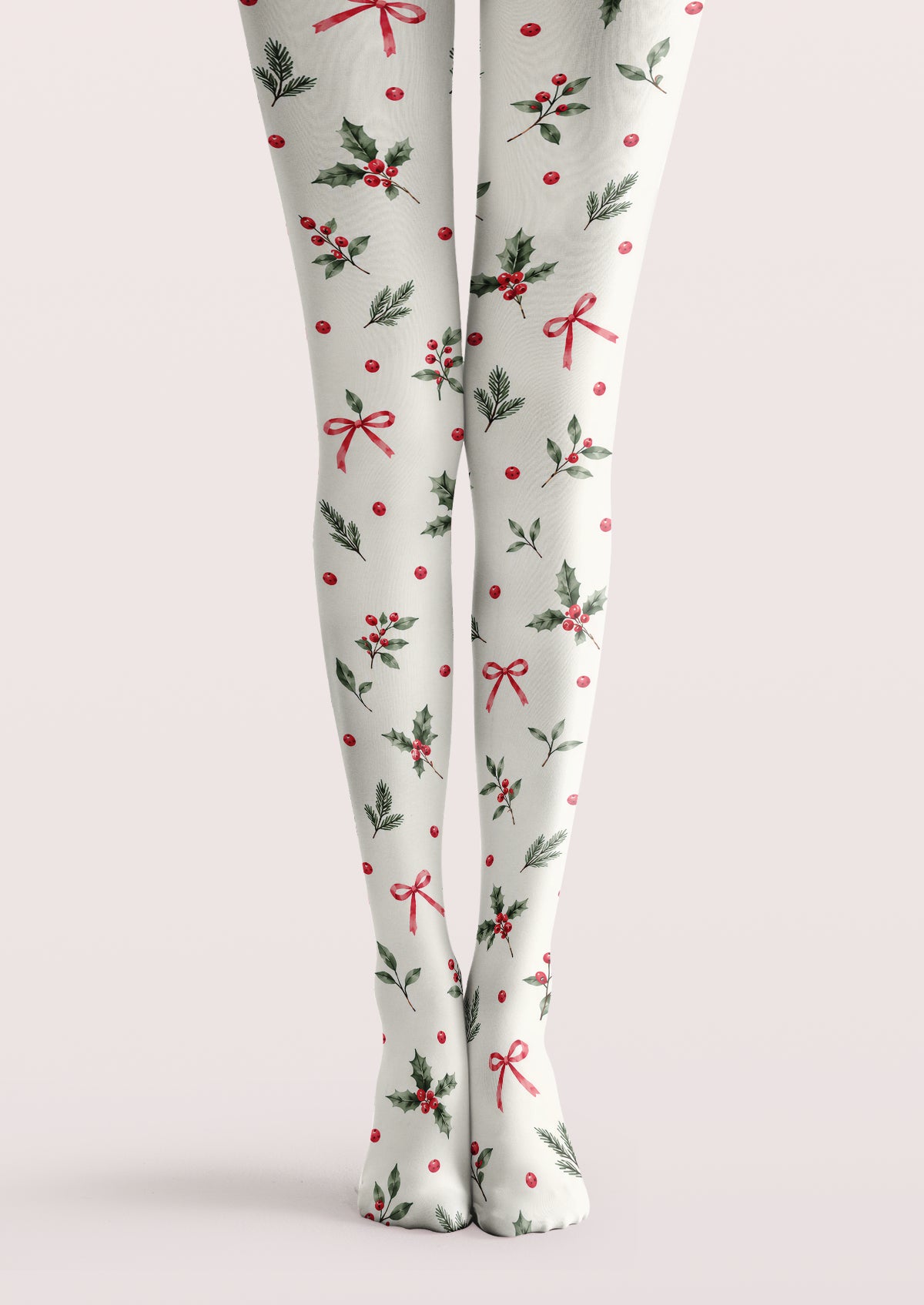 White printed tights with green holly leaves, red berries, evergreen sprigs, ribbon bows, and scattered red dotted motifs.