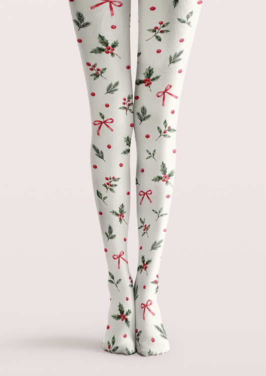 White printed tights with green holly leaves, red berries, evergreen sprigs, ribbon bows, and scattered red dotted motifs.