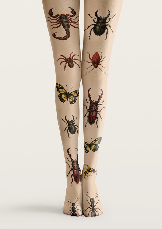 Beige printed tights with illustrated scorpions, beetles, spiders, butterflies, wasps, and ants across both legs.